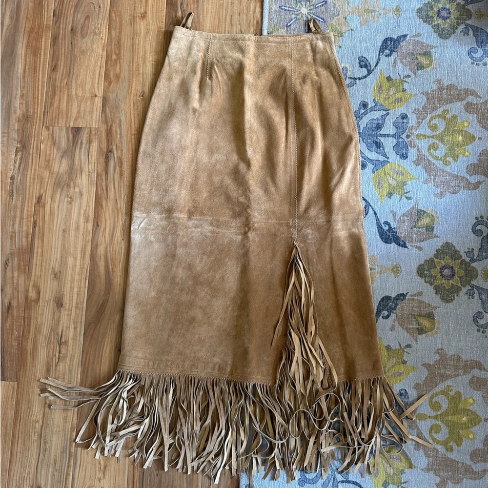 Vintage? Leather Suede Fringe Midi Western Cowgirl Skirt